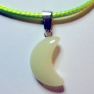 NWOT Necklace Jadeite crescent Moon green stone .5”, 19” green satin adj. cord